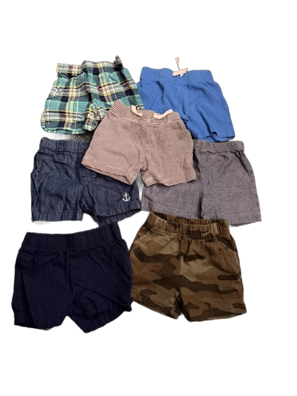 Multiples Kids Shorts Lot - Blue, Green Plaid, Navy, Camo, Gray, Pink Stripe